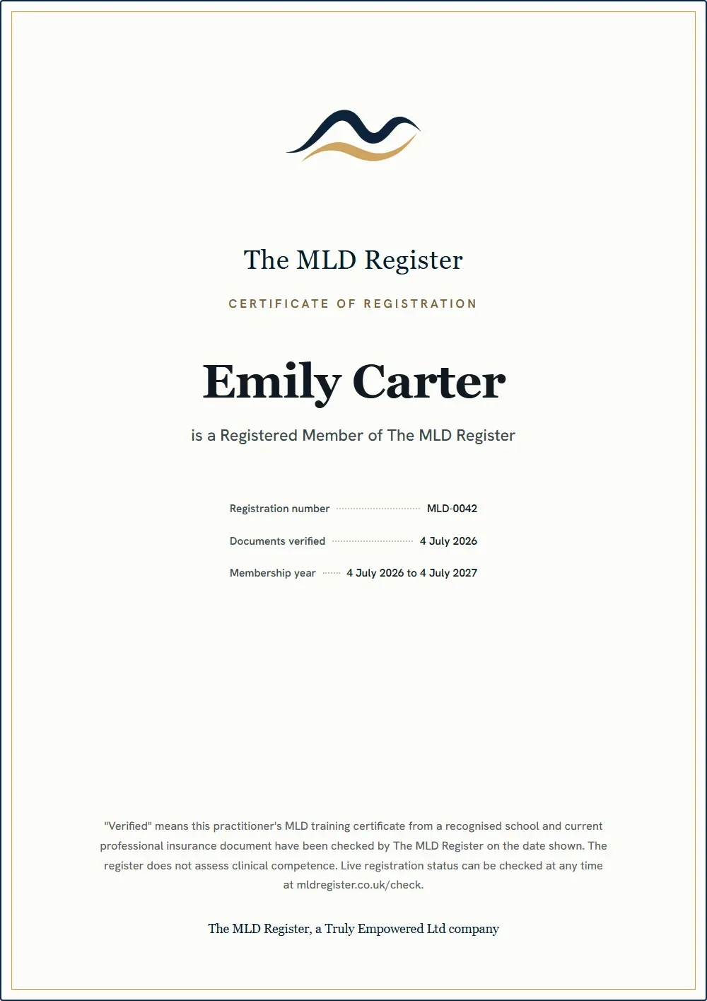 Specimen membership certificate for a sample member, Emily Carter, showing the registration number, verification date and membership year