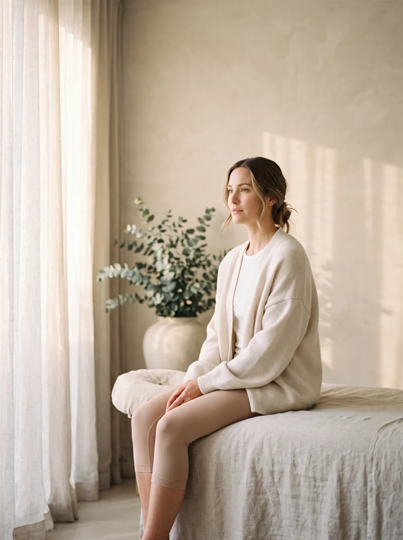 A young woman recovering from surgery, wearing compression leggings, sits calmly on a treatment couch in soft morning light