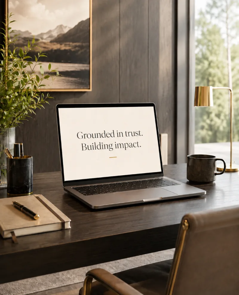 A laptop on a dark wooden desk shows the words "Grounded in trust. Building impact." beside a notebook and a brass lamp