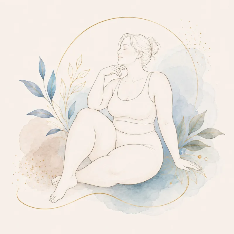 Watercolour illustration of a woman with fuller hips and thighs sitting at ease among soft leaves, one hand raised to her chin