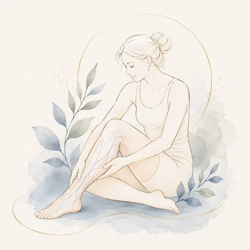 Watercolour illustration of a woman seated on the floor, gently holding her lower leg where soft blue lines trace its lymphatic pathways