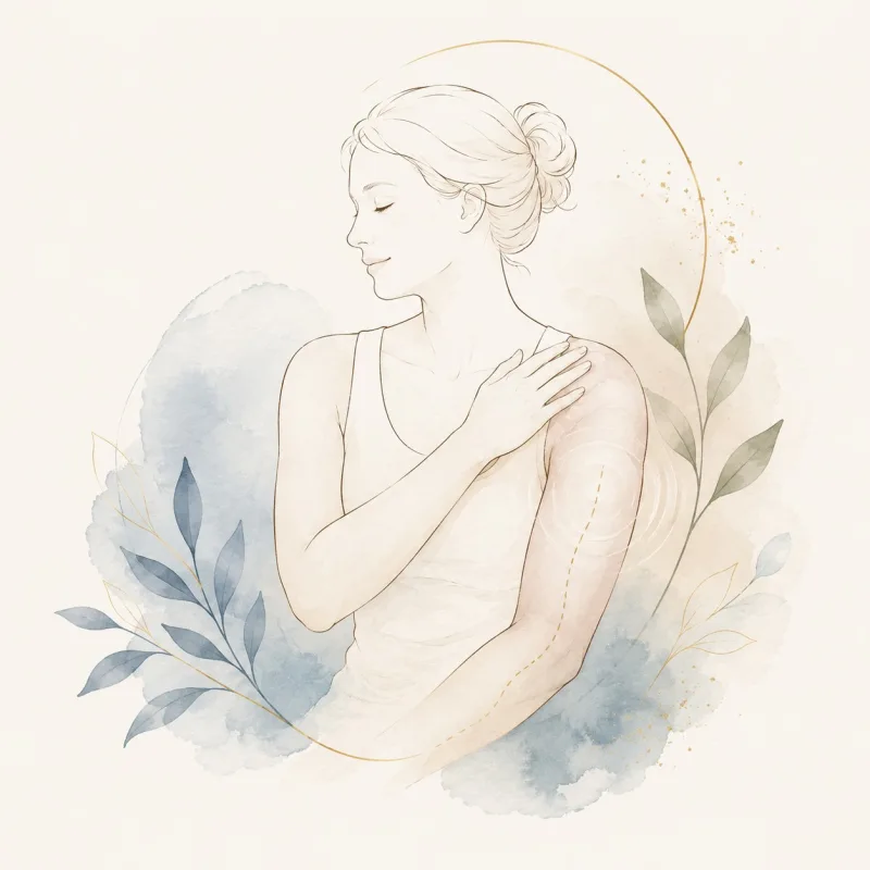 Watercolour illustration of a woman resting a hand on her collarbone, soft shading marking her upper arm