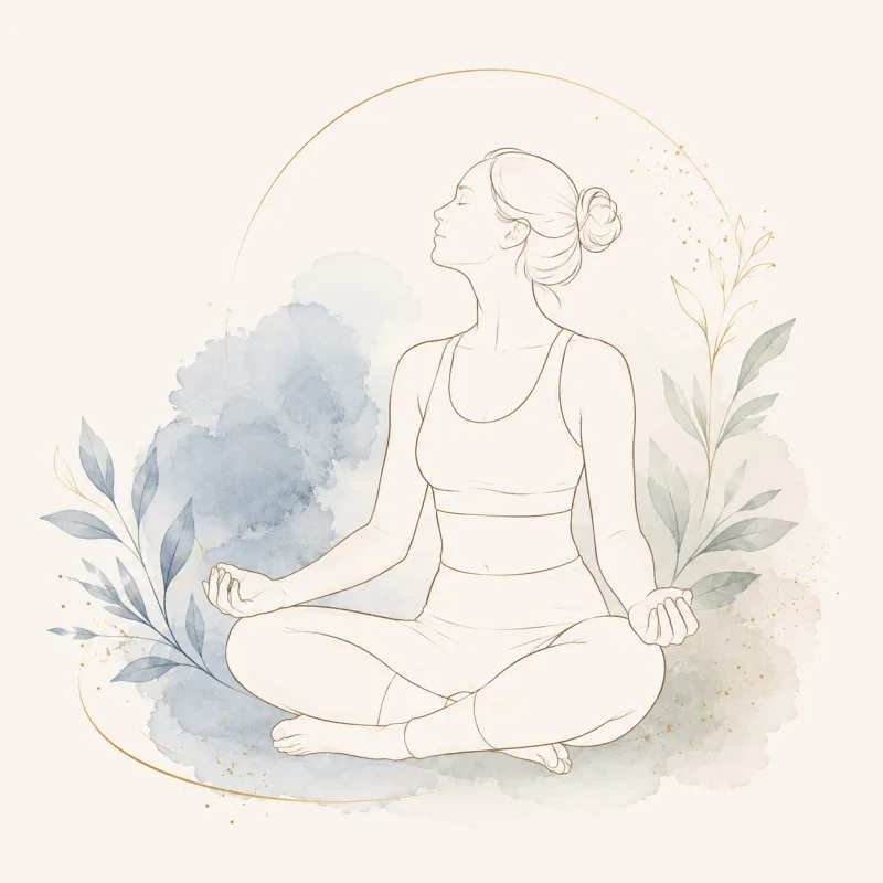 Watercolour illustration of a woman sitting cross-legged in quiet meditation, chin lifted and eyes closed