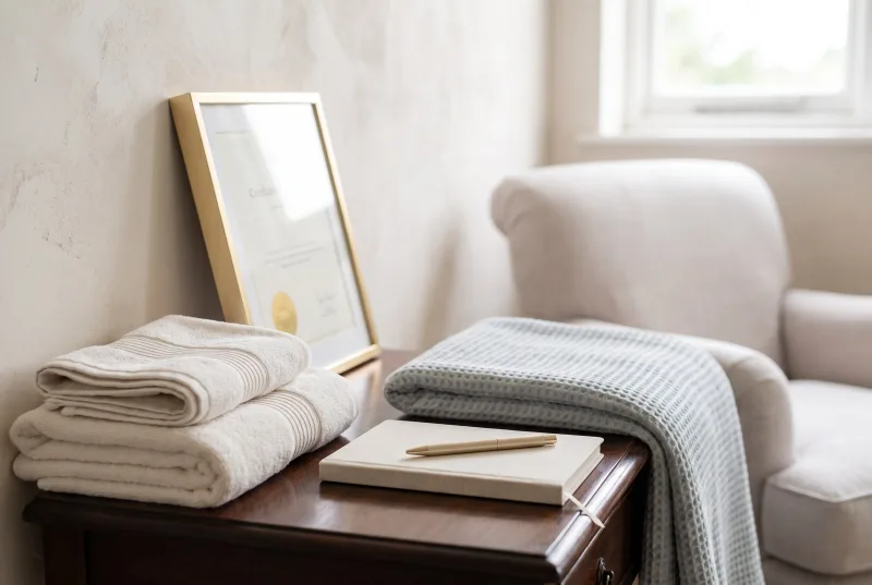 Folded towels, a leaning certificate frame and morning light in a quiet treatment room