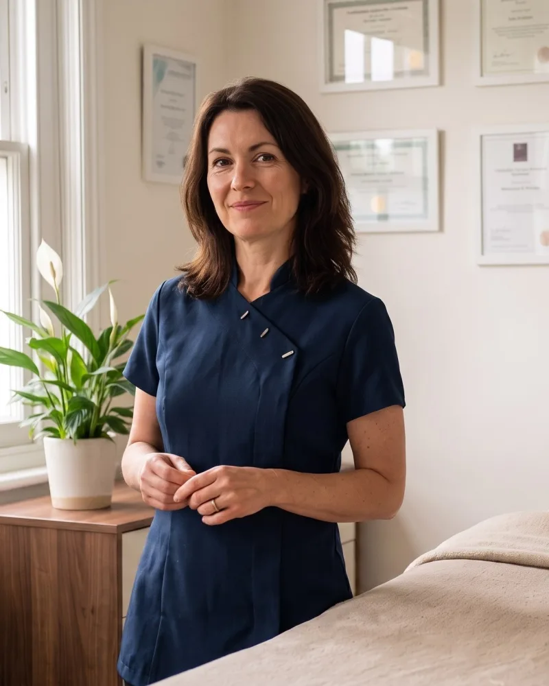 An MLD therapist in a midnight navy tunic stands beside her treatment couch in a calm, light-filled UK treatment room, framed certificates on the wall behind her